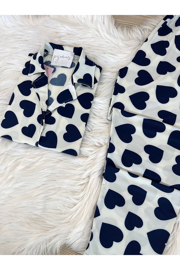 Lacivert Kalp Desenli Kısa Kol Gömlek Yaka Örme Pijama Takımı - 5