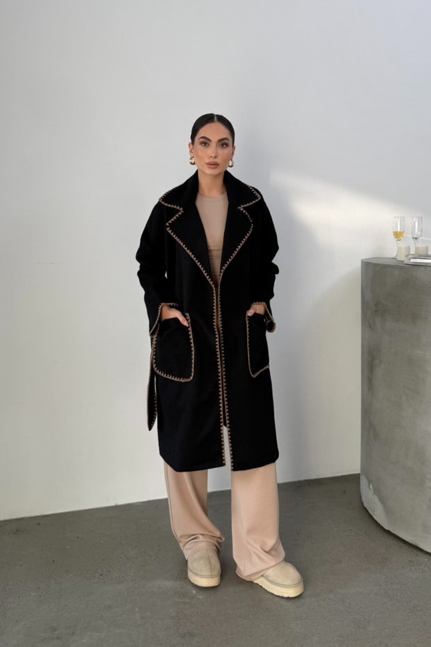 Women's Black Cashmere Coat with Belt, Embroidered Large Pockets, Double-Breasted Collar