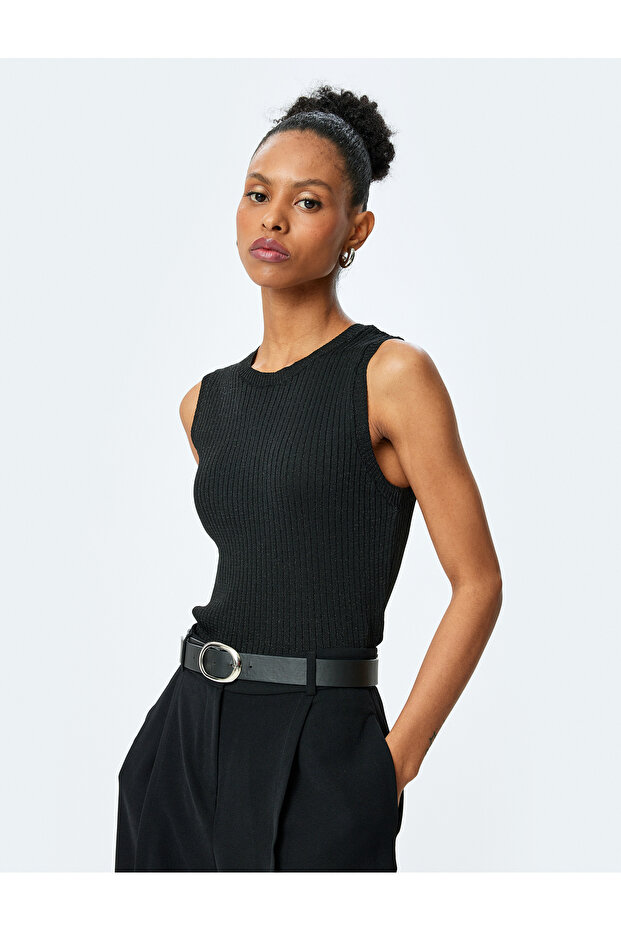 Crew Neck Sleeveless Metallic Yarn Detailed Knitwear Tank Top