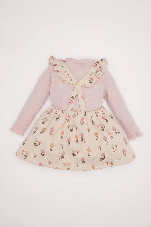 D7252 Kız Bebek 2'li Takım Çiçekli Fitilli Kaşkorse Uzun Kollu Basic Tişört Elbise - 4