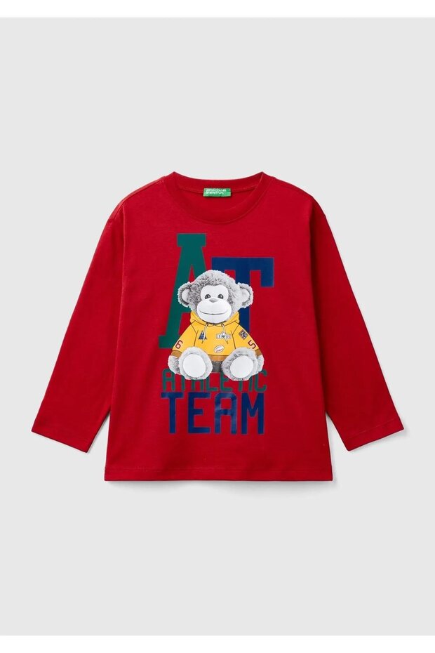 Boy's Red Long Sleeve Crew Neck T-Shirt - Photo Printed