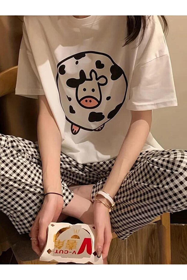 Mi̇ngalondon Cow Pattern Oversize Unisex T-Shirt