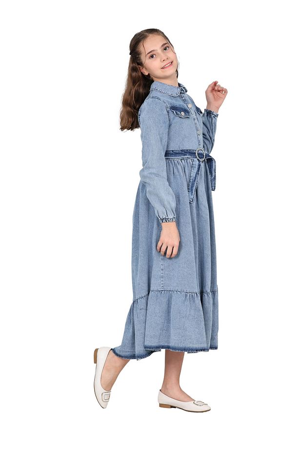 Kız Çocuk Kot Elbise  Denim Kumaş Pamuklu Uzun Kot Jean Elbise - 5