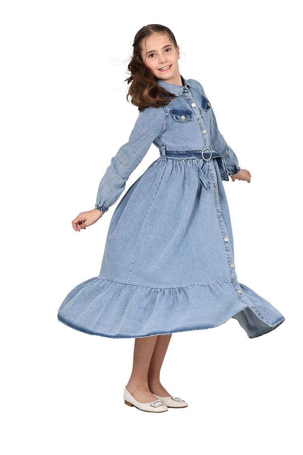 Kız Çocuk Kot Elbise  Denim Kumaş Pamuklu Uzun Kot Jean Elbise - 6