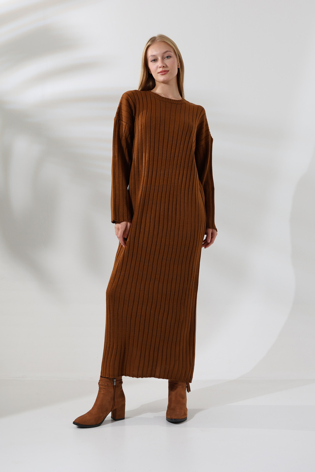 Round Crew Neck Ribbed Long Sleeve Oversize Ankle Length Basic Seasonal Knitwear Dress