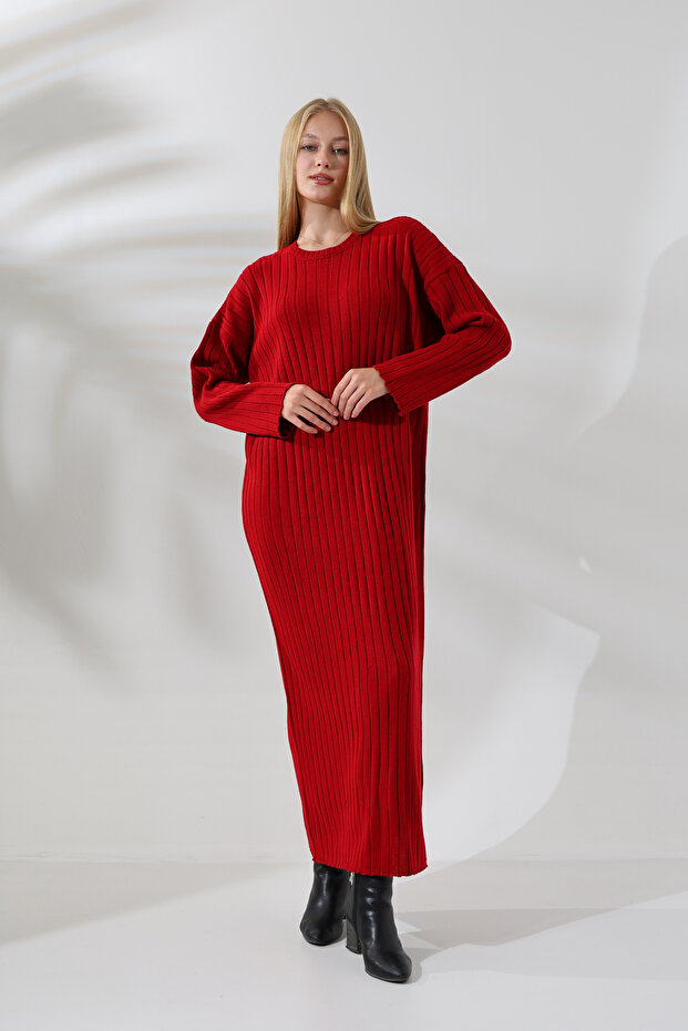 Round Crew Neck Ribbed Long Sleeve Oversize Ankle Length Basic Seasonal Knitwear Dress