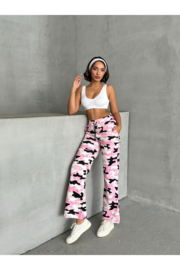 Women's Pink Camouflage Wide Leg Ripped Detailed Raised Tracksuit