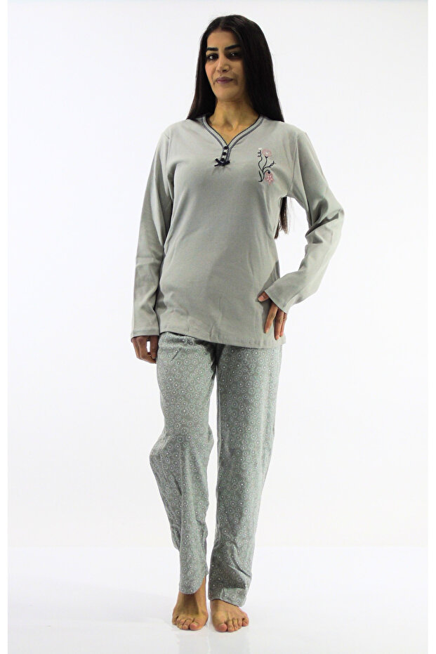 Yaka Düğmeli İnterlook Pijama Takımı - 1