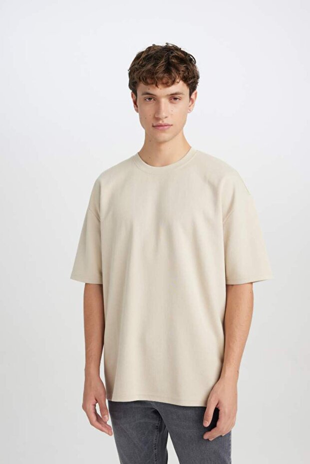 Oversize Geniş Kalıp Bisiklet Yaka Kısa Kollu Basic Düz Ağır Kumaş Tişört X3926az25sp - 3