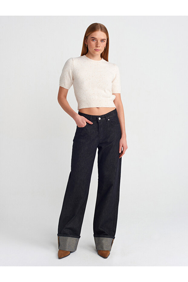 10703 Bisiklet Yaka Pullu Simli Triko Kazak-krem - 3