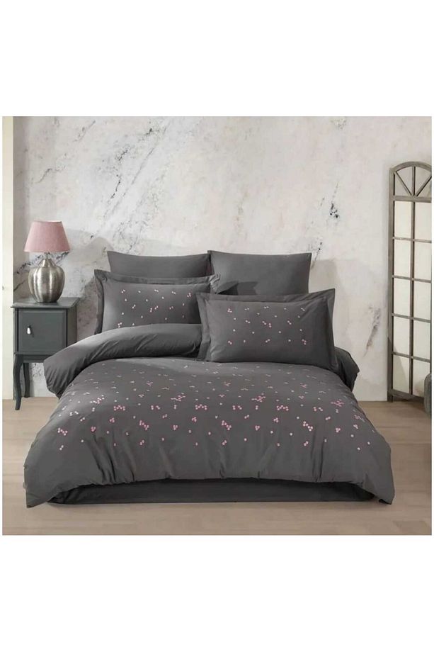 Premium Spring Gri - Poplin Çift Kişilik Nakışlı Nevresim Takımı - 1