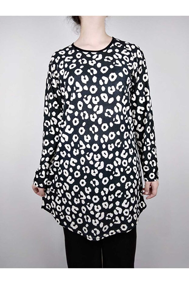 Women's Black White Crew Neck Long Sleeve Suede Soft Fabric Tunic