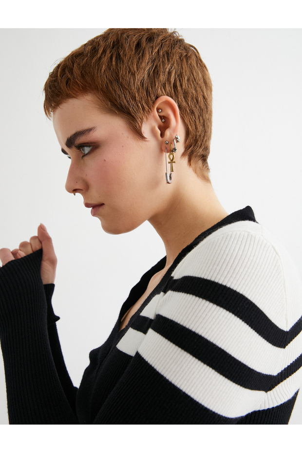 Polo Neck Striped Crop Knitwear Sweater Long Sleeve Slim Fit