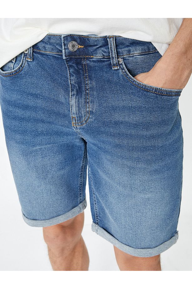 Kot Şort Slim Fit Düğmeli Cepli Katlı Paça Detaylı - 5