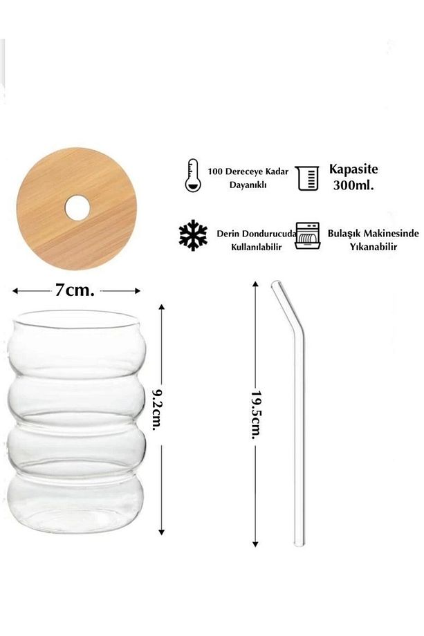 2 Adet Isıya Dayanıklı Cam Pipetli Ahşap Kapaklı Şeritli Boğumlu Bardak Kahve Meyve Suyu Bardağı - 3