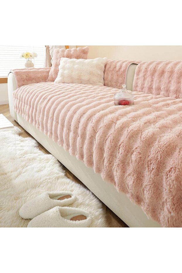 Peluş Bubble Üç Kişilik Kanepe Örtüsü ( 1adet ) Ölçüm 80 X 190 cm Oturmak İçin-Pudra - 2