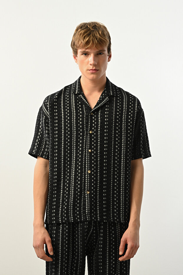 Desenli Keten Örme Erkek Gömlek - 1