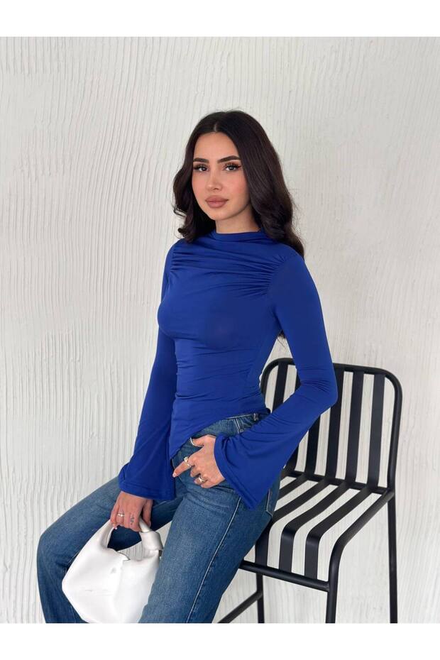 Asymmetric Cut Ruched Bell Sleeve Stretchy Fabric Blouse