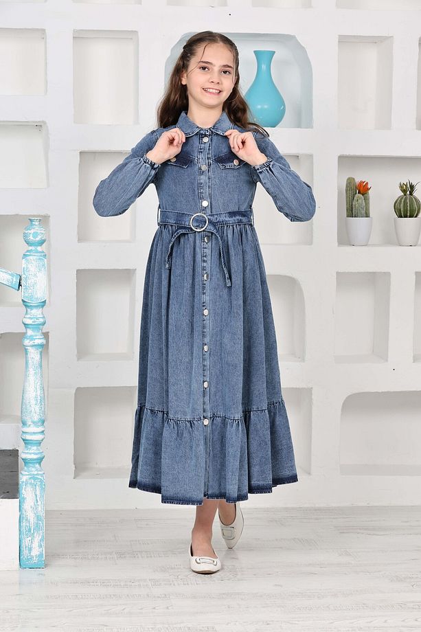 Kız Çocuk Uzun Denim Kot Elbise - 6