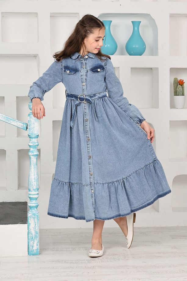 Kız Çocuk Uzun Denim Kot Elbise - 5