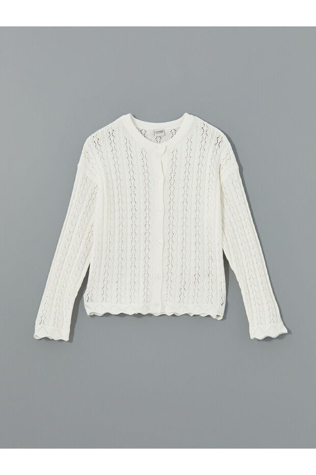 Ecru Crew Neck Openwork Girls' Knitwear Cardigan