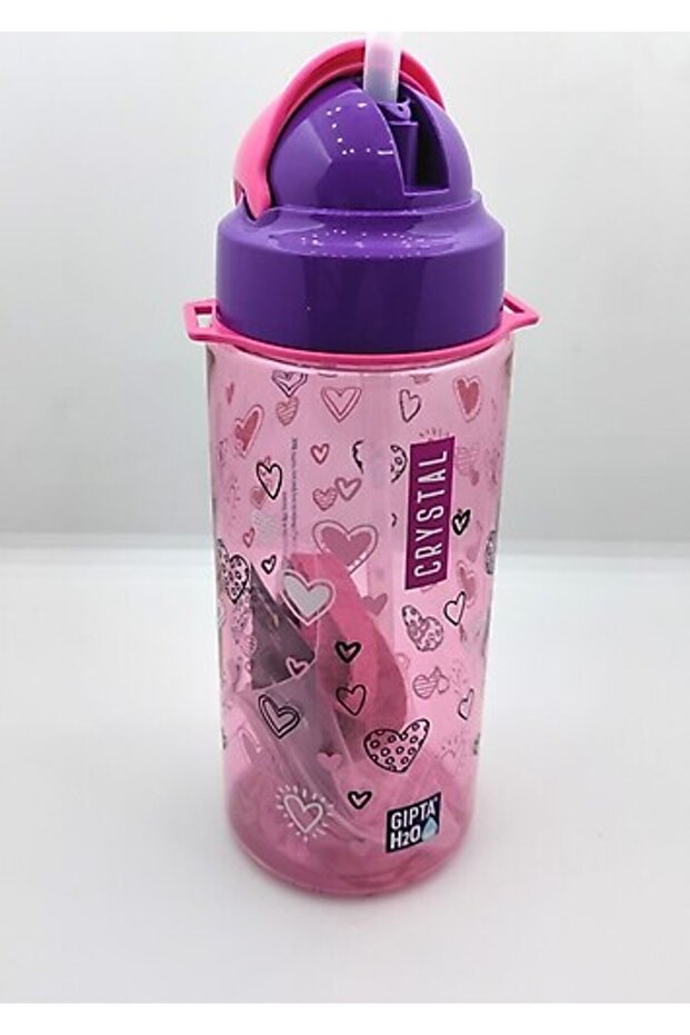 Crystal Tritan Patterned Water Bottle with Straw 500 Cc Pink