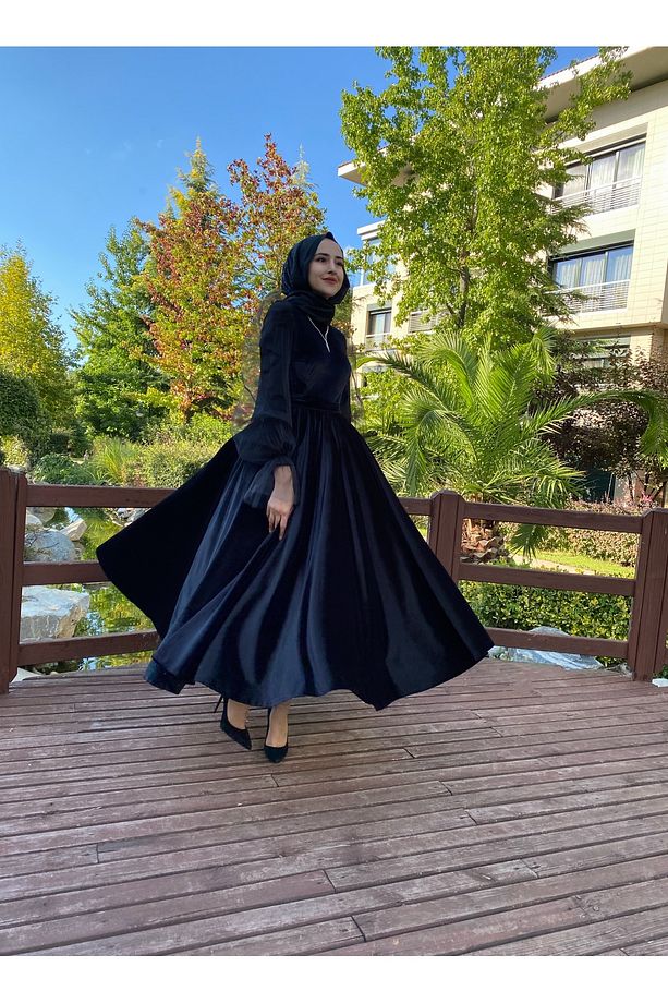 Siyah Kadife Fiona Elbise - 1
