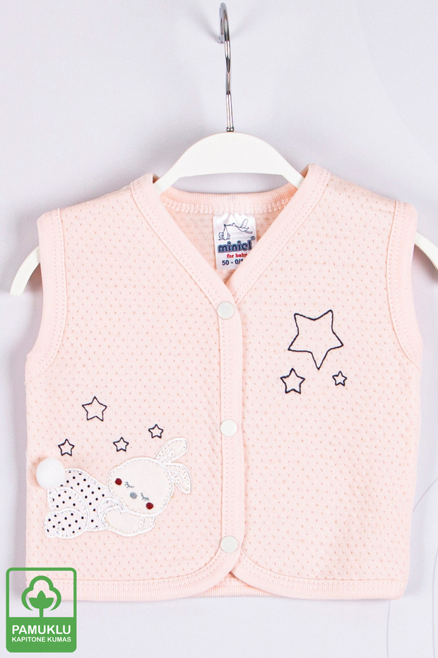 Baby Girl Sleeping Rabbit Embroidered Organic Cotton 1-3-6-9 Months Quilted Baby Vest - Salmon