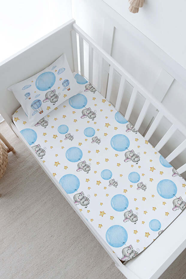 Baby Size Elastic Sheet Set - for Baby Series - Blue Big Balloon Elephant