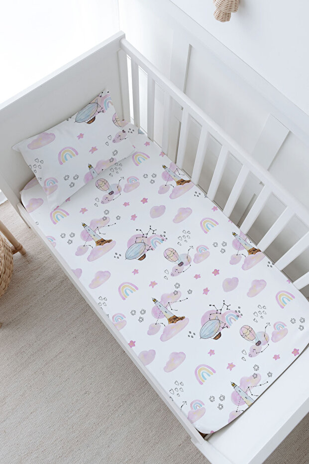 Baby Size Fitted Sheet Set - Iconic Series - Pink Air Balloon Rainbow