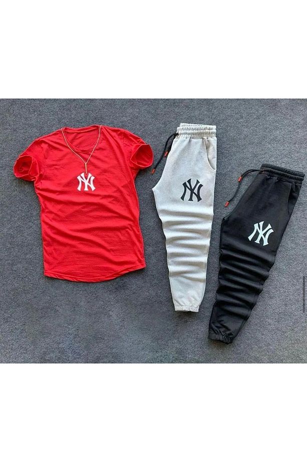 NY Baskılı Original Ünisex Yazlık Şort T-shirt Eşofman Altı 3 lü Set Combin Takım - 1
