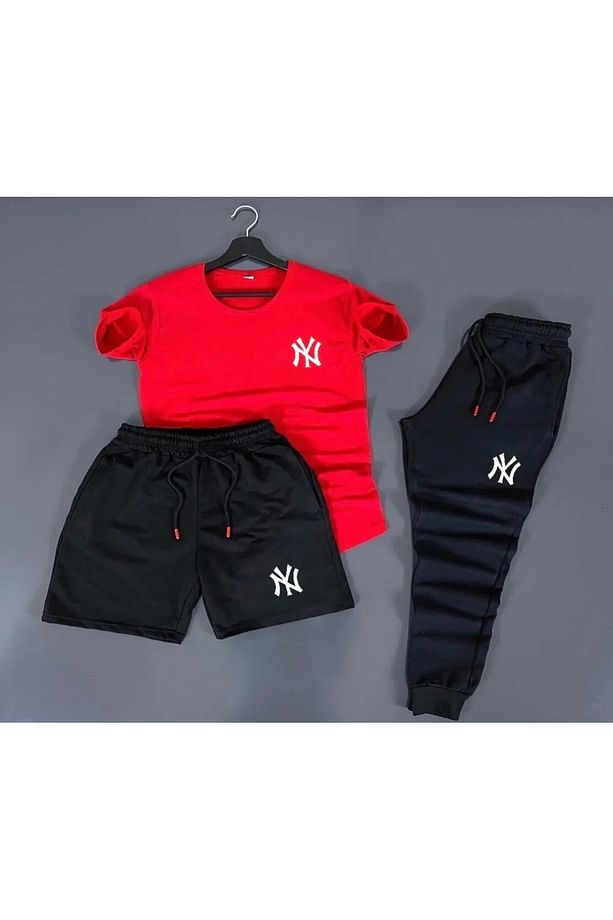 NY Baskılı Original Ünisex Yazlık Şort T-shirt Eşofman Altı 3 lü Set Combin Takım - 1