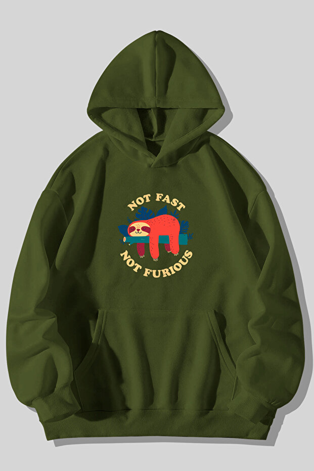 Not Fast Printed 3 Thread Unisex Black Kangaroo Pocket Hooded Sweatshirt Hoodie