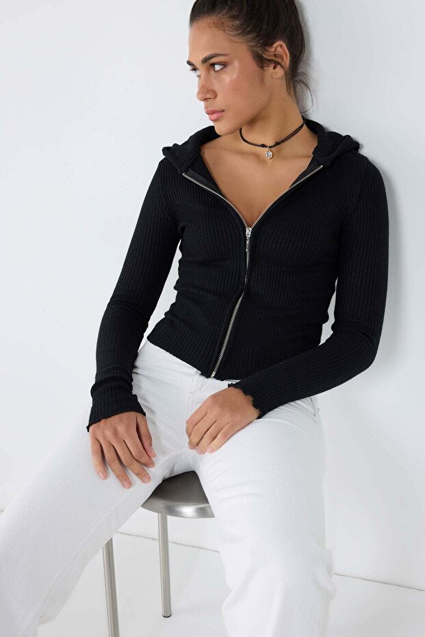 Women's Hooded Knitwear Cardigan Zippered Long Sleeve