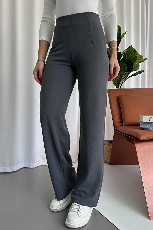 Krep Kemersiz Palazzo Women's Trousers - Smoked
