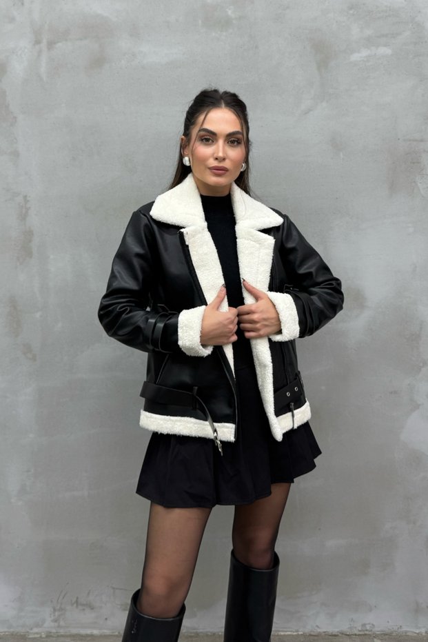 Women's White Sheepskin Black Short Biker Leather Jacket Coat