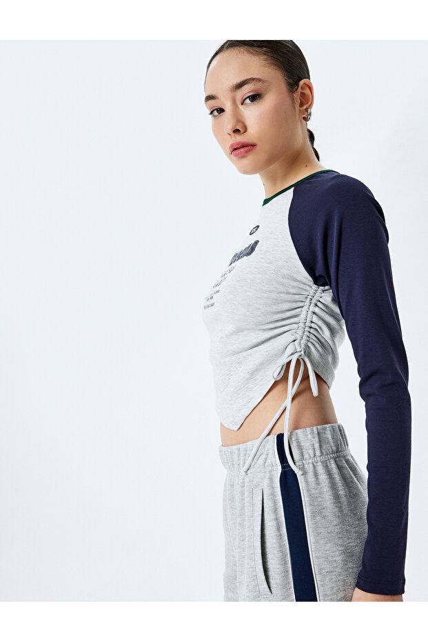 Long Raglan Sleeve Slim Fit College Printed Gathered Asymmetrical Crop T-Shirt