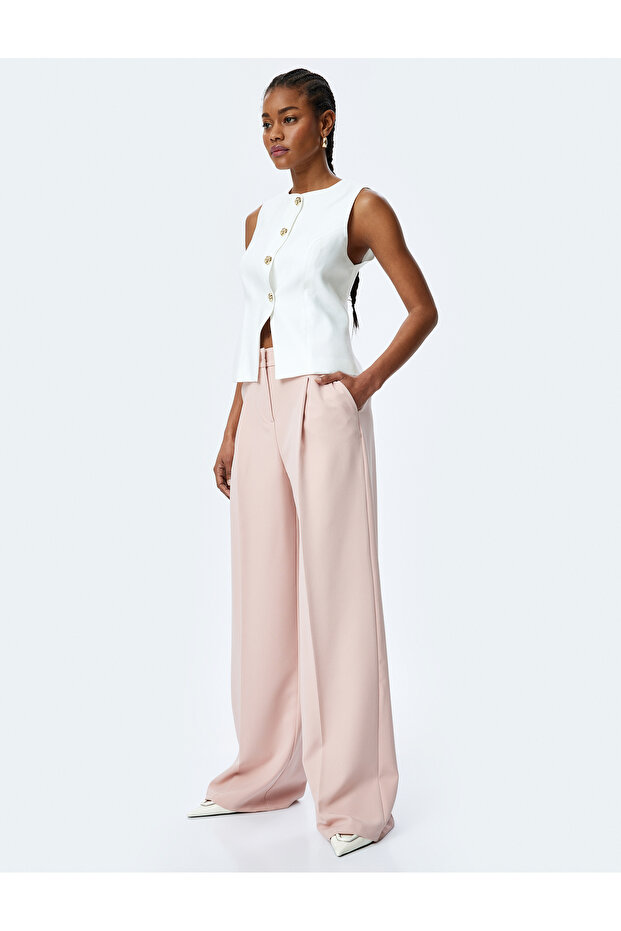 High Waist Palazzo Trousers with Pockets and Pleat Detail
