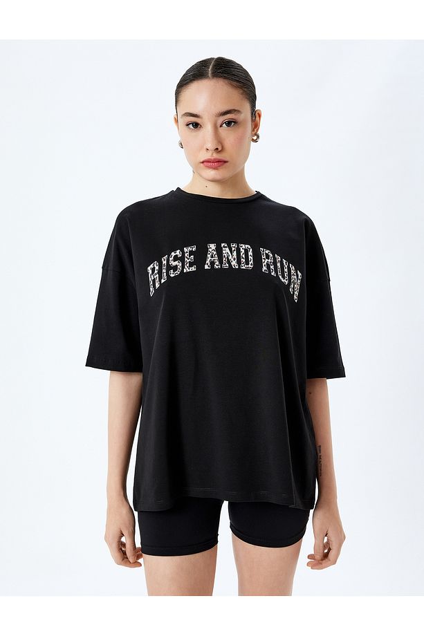 Slogan Baskılı Yarım Kollu Pamuklu Oversize Tişört - 3