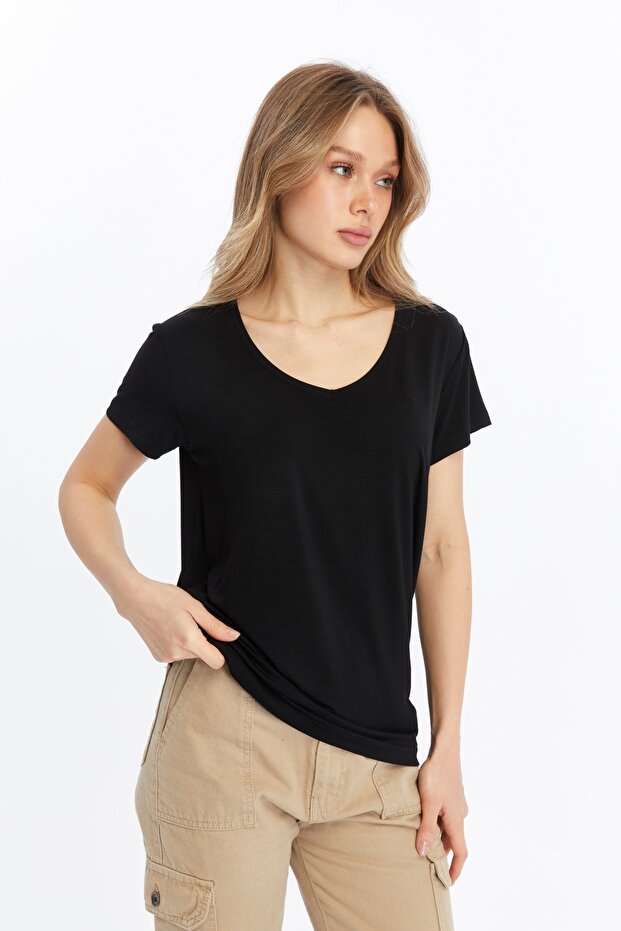 Daisy Kadın Bambu V Yaka Tshirt - 4