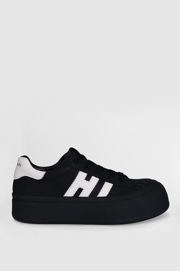 Hakiki Deri Bağcıklı yüksek Taban Kadın Sneaker Ayakkabı Siyah - 2