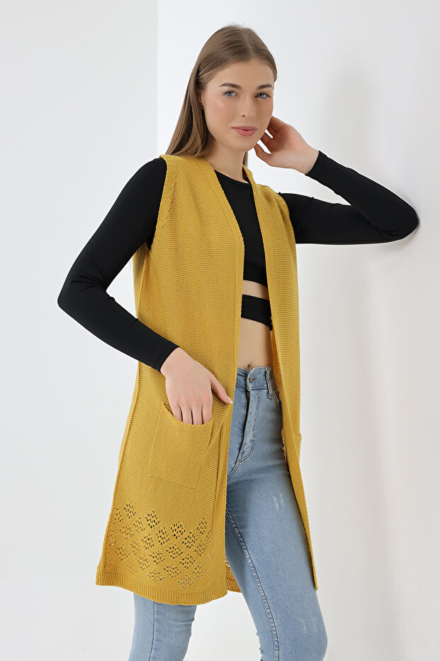 Kadın Sarı Mevsimlik Triko Yelek - 4