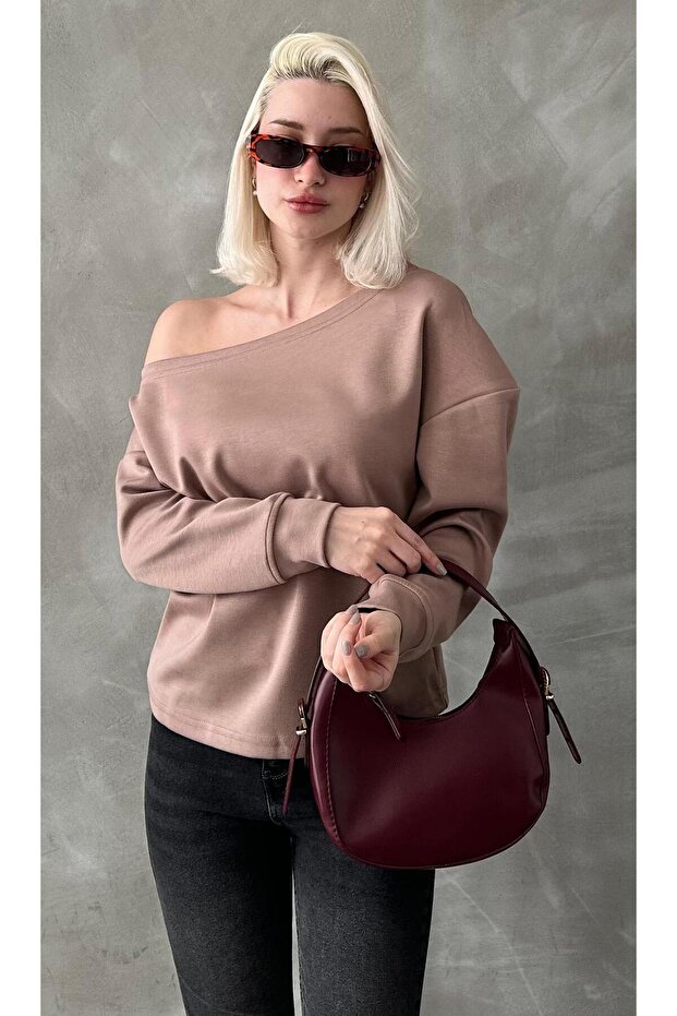 Bej Kayık Yaka Basic Sweatshirt MG2228 - 2