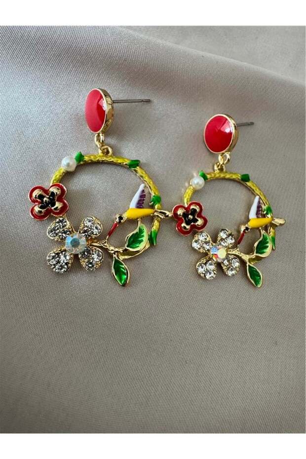 Colorful Bird and Flower Detailed Earrings