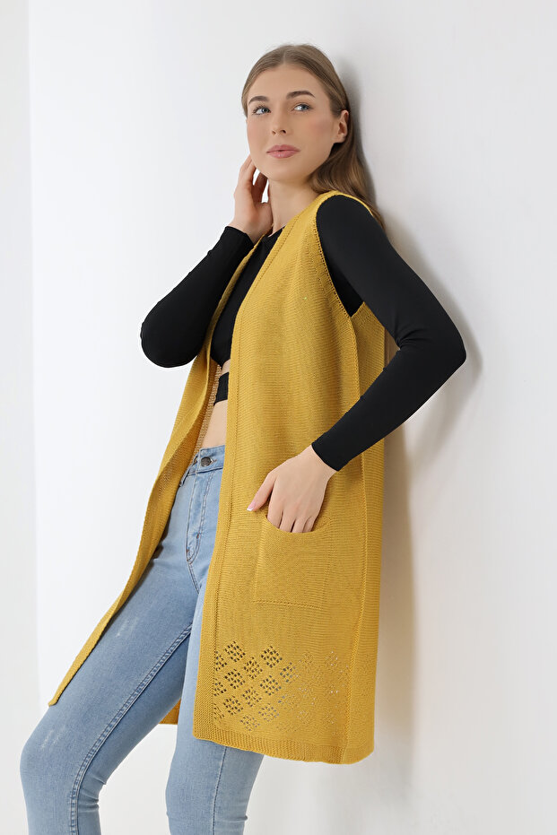 Kadın Sarı Mevsimlik Triko Yelek - 5