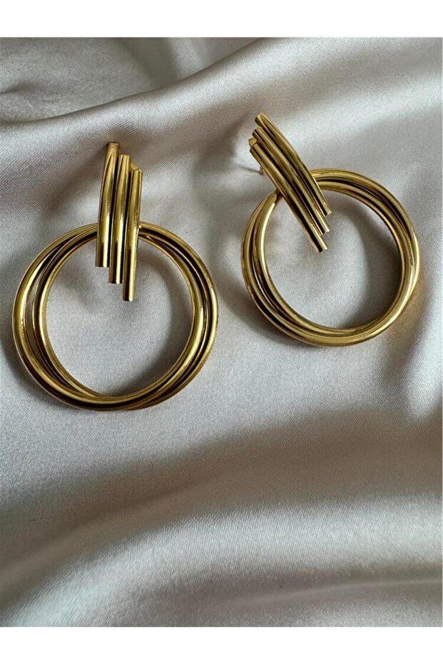 Gold Rod and Circle Large Steel Earrings