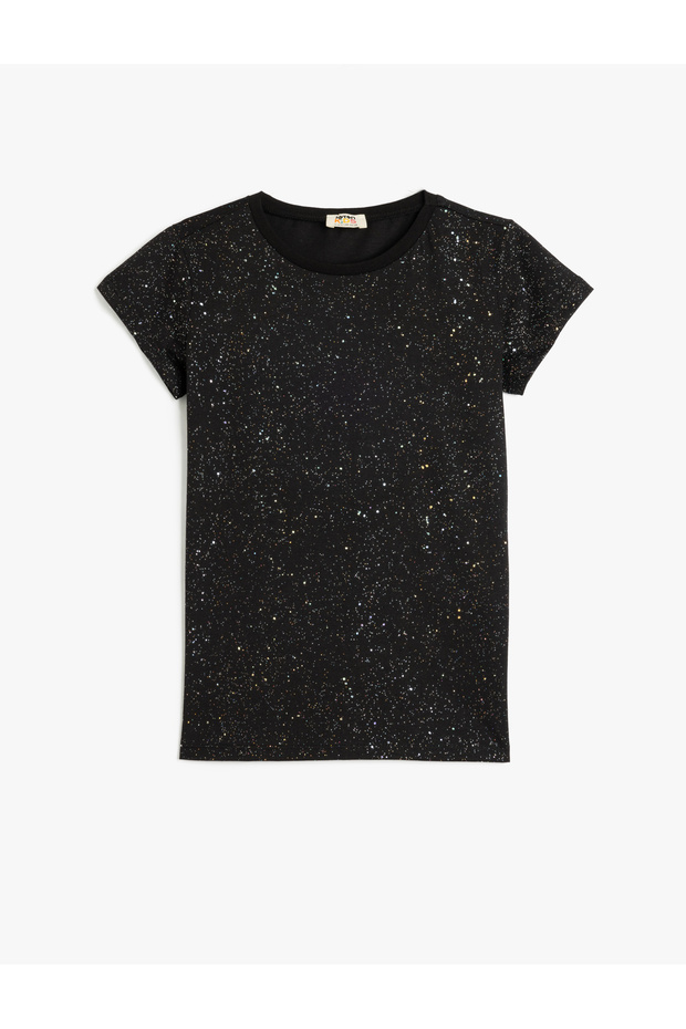 Glitter Detailed Crew Neck Cotton T-Shirt