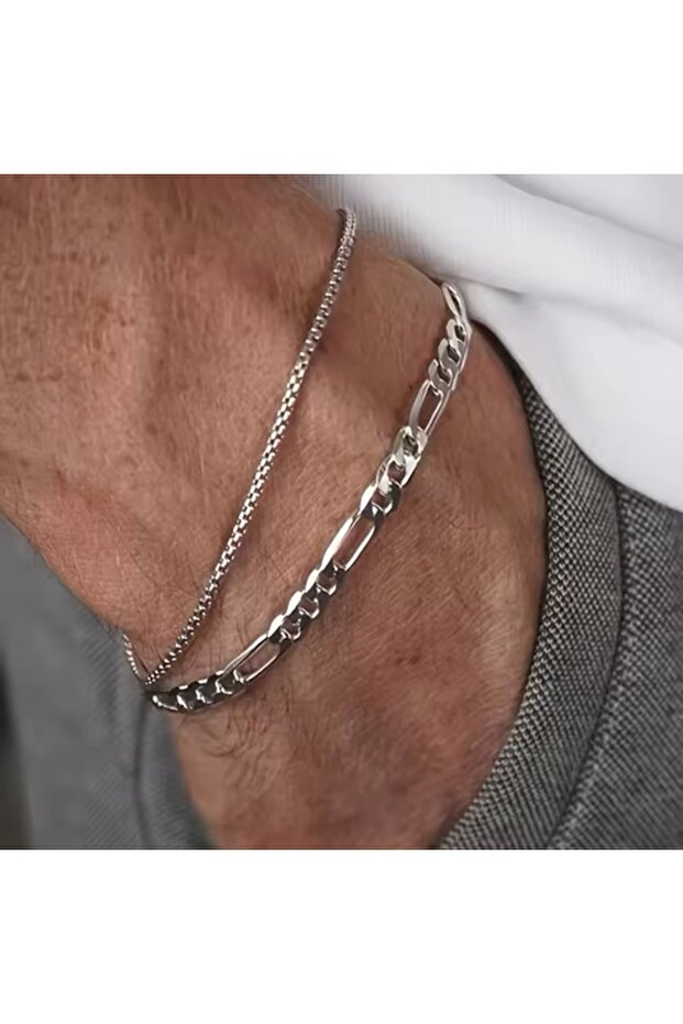 Steel 2-Piece Men's Bracelet Stainless Tarnish-Resistant 22 cm