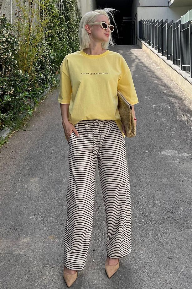 Sarı Oversize Sırt Ve Ön Baskılı Bisiklet Yaka Kısa Kollu Tişört MG2130 - 7