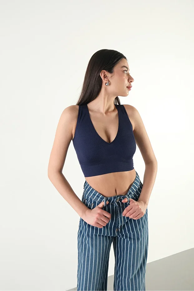 V Yaka Kalın Askılı Seamless Crop A0131-dk8 - 1